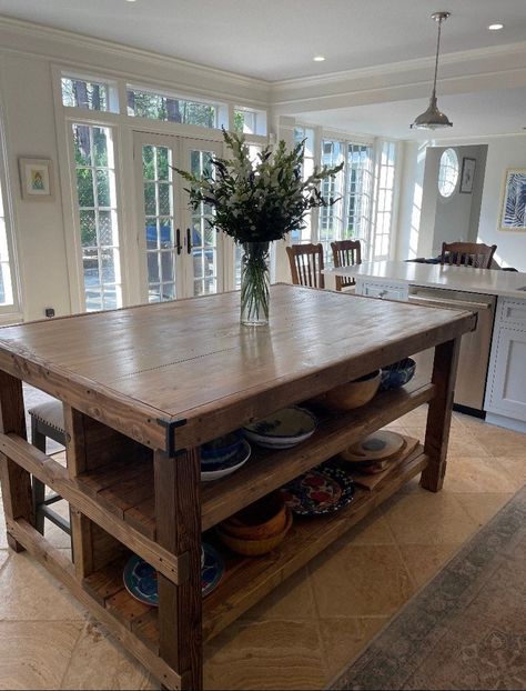 Kitchen With Wood Table Island, Large Movable Kitchen Island, Kitchen Islands From Old Furniture, Large Wood Island Kitchen, Open Shelf Island, Table For A Kitchen Island, Large Farmhouse Island Kitchen, Large Island Table Kitchen, Cabin Kitchen Island Ideas