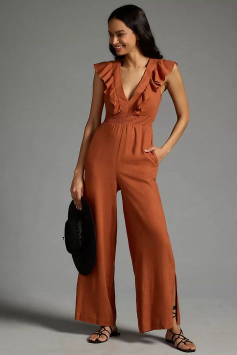 By Anthropologie V-Neck Ruffle Jumpsuit | Anthropologie Rust Jumpsuit, Beaded Jumpsuit, Ruffle Linen, Wide Leg Lounge Pants, Lounge Pants Womens, Satin Jumpsuit, Ruffle Jumpsuit, Copper Brown, Cropped Jumpsuit