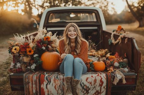 Fall Truck Pictures, Vintage Truck Fall Pictures, Fall Mini Shoot Outdoor, Pumpkin Patch Photoshoot Outfits, Fall Truck Mini Session, Outdoor Fall Photoshoot Setup, Old Truck Fall Photoshoot, Fall Truck Photoshoot, Fall Pumpkin Pictures