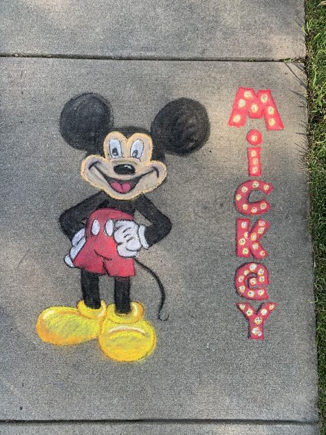 Mickey chalk art Mickey Chalk Art, Mickey Mouse Chalk Art, Disney Chalk Art Easy, Disney Chalk Art, Disney Character Chalk Art, Easy Sidewalk Chalk Art Ideas Disney, Chalk Art Christmas, Mickey Mouse Street Art, Chalk Wall Art