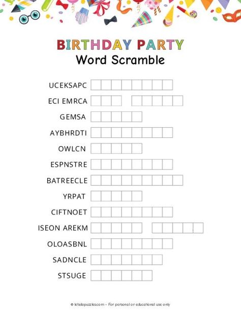 Printable Birthday Party Word Scramble Puzzle Word Scramble Games For Adults, Birthday Word Scramble, Jumble Word Puzzle, Scramble Letters, Easter Word Scramble, Unscramble Words, Printable Games For Kids, Summer Words, Thanksgiving Words