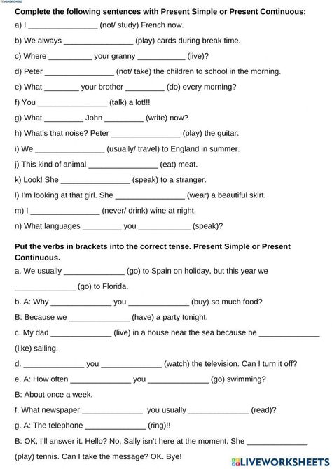 Present Simple and Present Continuous Tense Simple Present Tense Worksheets, Present Continuous Worksheet, Present Continuous Tense, Simple Present Tense, Present Continuous, Study French, Talk A Lot, English As A Second Language (esl), English As A Second Language