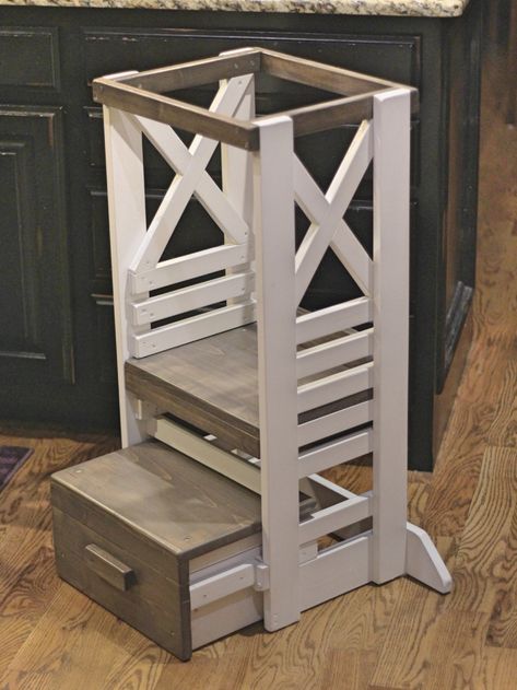 Diy Learning Tower, Learning Tower Diy, Toddler Kitchen Stool, Toddler Step Stool, Toddler Kitchen, Diy Kids Furniture, Diy Stool, Kitchen Step Stool, Add Storage