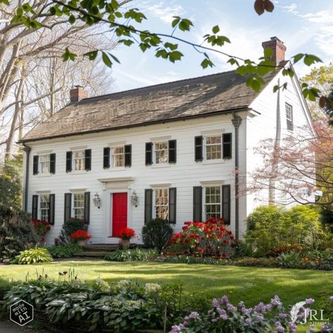 AI colonial with red front door Red Door Front Porch, Red Door Blue Shutters, White House Black Shutters Red Door, Red Front Door With Sidelights, White House Red Front Door, Red Colonial House Exterior, White House With Red Door, Red Doors On Houses, White House Red Door