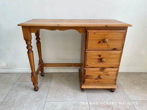 I found this desk in a charity shop for £20. It had a sticker on the back dated 2004. It was a solid wood desk and in good condition. I knew someone who would benefit from a desk. Someone who is starting secondary school next year. So the same day that I bought this old desk, I had a new home for it. And we got designing.Firstly, the whole desk was orange pine and it had to go. Not entirely, but some of it. I started with paint and varnish stripper.I applied a coat of the stripper… Diy Desk Makeover, Plain Desk, Repurposed Desk, Desk Makeover Diy, Desk Redo, Old School Desks, Pine Desk, Charity Shop Finds, Old Desks