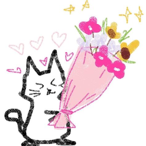 Cats With Flowers Drawing, Cut Cat Drawing, Cat Holding Flowers Drawing, Giving Flowers Drawing, Cat Giving Flowers, Cat Holding Flowers, Cute Compliments, Flower Bouquet Drawing, Youre My Favorite Person