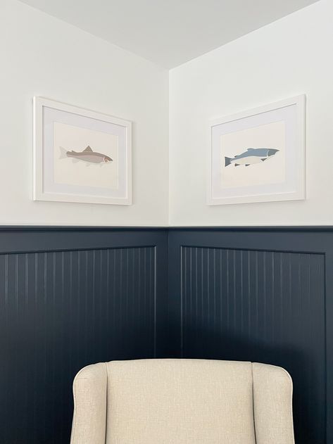 Dark Blue Beadboard, Beadboard Nursery, Beadboard Half Wall, Beadboard Bedroom, Blue Beadboard, Beadboard Trim, Diy Board And Batten Wall, Navy Blue Nursery, Blue Boys Bedroom