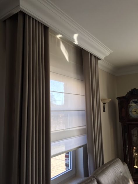 Curtains Behind Cornice, Modern Window Cornice, Hidden Curtains, Curtain Cornice, Pelmet Designs, House Interior Design Bedroom, Curtain Pelmet, Room Decor Cozy, Modern Cupboard Design