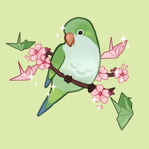 Origami Sakura, Parrot Wallpaper, Parrot Drawing, Pastel Illustration, Kawaii Cat Drawing, Parakeet Bird, Budgies Bird, Sakura Flowers, Animal Illustration Art