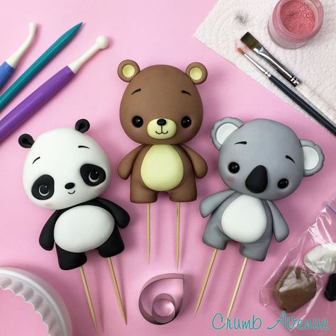 Cute Bear Cake Toppers - I made them using the 'Baby Dino' templates :) / panda, teddy, koala, cake topper, baby shower, birthday, kids, boy, girl, figurine, figurines, fondant, gum paste, template, adorable, idea, clay, inspiration Cute Bear Cake, Koala Cake, Panda Teddy, Crea Fimo, Dino Cake, Bear Cake Topper, Fondant Baby, Kids Clay, Fondant Animals