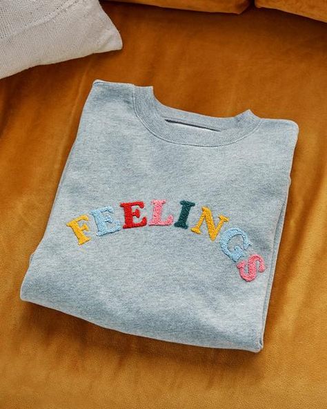 Cotton T-shirt With Embroidered Text, Crew Neck, Retro Cotton T-shirt With Embroidered Graphics, Cotton Sweatshirt With Embroidered Graphics, Relaxed Fit, Cotton Sweatshirt With Embroidered Text, Relaxed Fit, Hand Crochet Baby Blanket, Pola Sulam, Embroidery On Clothes, Shirt Embroidery, Cozy Sweatshirts