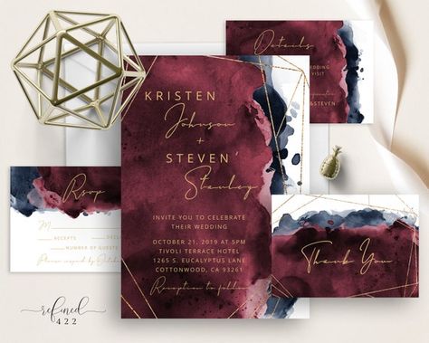 Burgundy Navy Gold Frame Watercolor Wedding Suite Modern - Etsy Australia Black And Burgundy Invitations, Black Burgundy Silver Wedding, Burgundy Black Wedding Decor, Maroon Black And Gold Wedding Theme, Burgundy Moody Wedding, Black And Burgundy Wedding Decorations Table Settings, Wine And Silver Wedding Colors, Cabernet And Black Wedding, Black Gold Maroon Wedding