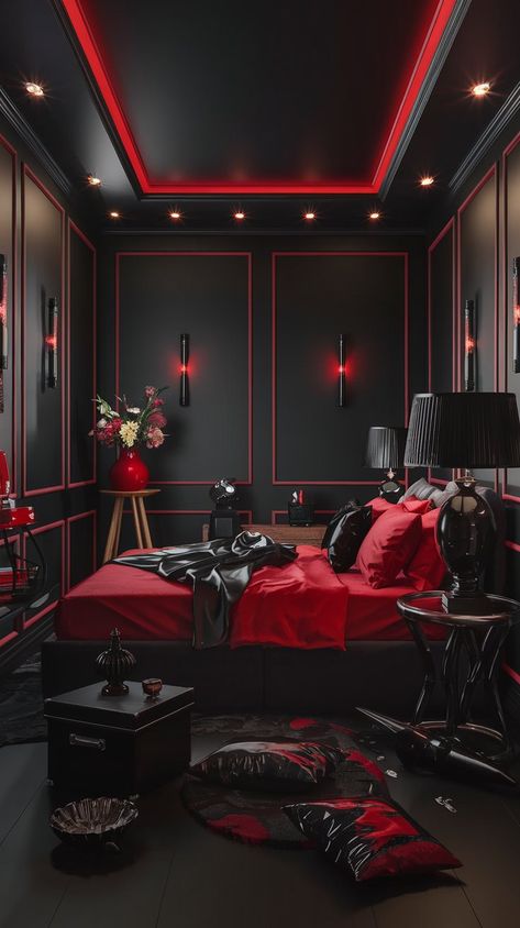 Transform your nights with a striking blend of black and red in this alluring bedroom. Soft silk sheets and rich red accents set the mood, while dimmed lighting casts a warm glow. Perfect for romantic evenings, this space invites you to indulge in passion and intimacy. Create your own love story in this enchanting retreat! 🌹✨ Dark Red And Black Bedroom, Black Red Bedroom Ideas, Red And Black Aesthetic Bedroom, Red And Black Bedroom Aesthetic, Red Rooms Bedroom, Red Room Ideas 50 Shades Of Grey, Hot Bedroom Ideas For Couples, Red Room Aesthetic 50 Shades, Dark Romantic Bedroom Ideas For Couples