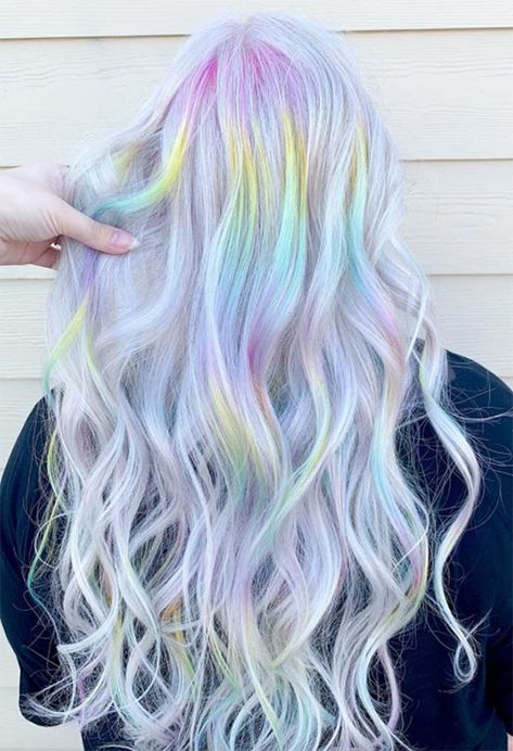 Holographic Hair Color, Long Hair Color Ideas, Trendy Balayage, Pastel Rainbow Hair, Unicorn Hair Color, Balayage Hair Color Ideas, Holographic Hair, Light Purple Hair, Balayage Hair Color