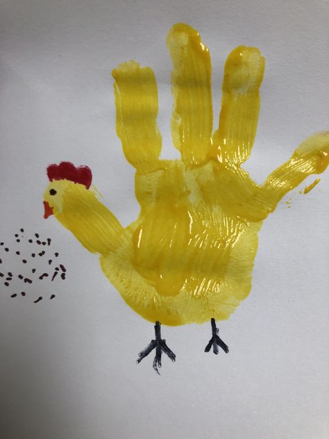 Yellow Art For Preschool, Handprint Chicken Craft, Yellow Handprint Craft, Chicken Handprint Art, Yellow Activities For Toddlers, Chicken Activities For Kids, Farm Animals Activities For Toddlers, Thumb Art, Animal Crafts Preschool