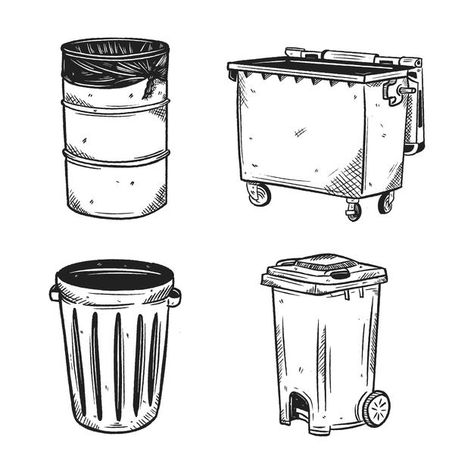 Trash Drawing Sketch, Trash Can Drawing Sketch, Garbage Can Drawing, Trash Bin Drawing, Trash Can Tattoo, Dustbin Drawing, Dumpster Drawing, Trash Art Drawing, Trash Can Drawing