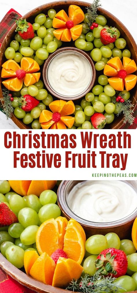 This easy Christmas fruit tray is arranged to look like a holiday wreath. With grapes, sliced oranges, raspberrie, and strawberries, with a creamy sweet vanilla dip. This festive and healthy platter will be enjoyed by all! Wreath Fruit Tray, Holiday Fruit Tray Christmas Party Ideas, Christmas Breakfast Fruit Ideas, Fruit Dip Christmas, Breakfast Fruit Tray, Christmas Fruit Wreath Platter, Easy Christmas Fruit Ideas, Christmas Wreath Fruit Tray, Winter Fruit Tray Ideas