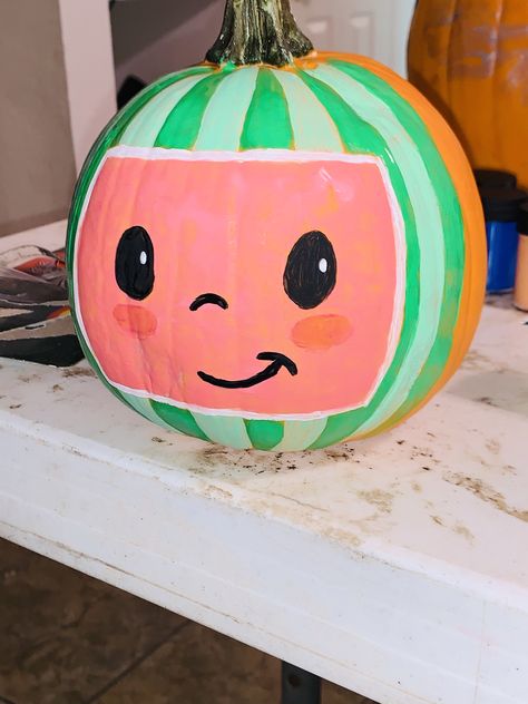 Cocomelon Pumpkin Painting Ideas, Toddler Girl Pumpkin Painting Ideas, Coco Melon Pumpkin Carving, Kid Painted Pumpkins, Coco Melon Pumpkin, No Craved Pumpkins Ideas For Kids, Coco Melon Pumpkin Painting, Trunk Or Treat Cocomelon, Punkin Paintings Easy