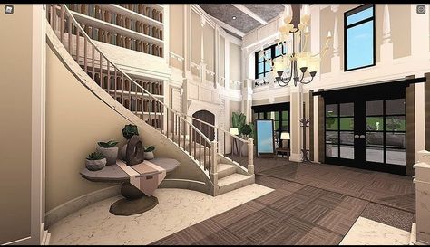 Bloxburg Mansion Entrance Ideas, Entryway Idea Bloxburg, Blocksburg Entrance Ideas, Bloxburg Main Entrance Ideas, Bloxburg Grand Entrance, House Entrance Bloxburg, Bloxburg Modern Entrance, Stairway Bloxburg, Bloxburg House Ideas Interior Entrance