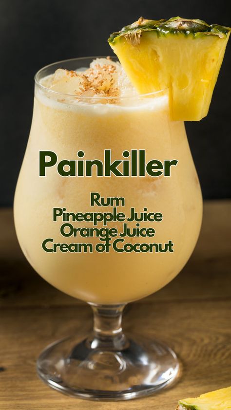 The Painkiller is a traditional rum cocktail with a sweet and tropical flavor that is ideal for anyone seeking a tasty and reviving beverage. #Painkiller Pineapple Cocktails, Painkiller Recipe, Painkiller Cocktail, Frappe Recipe, Summer Drinks Alcohol, Cocktail Drinks Alcoholic, Mixed Drinks Alcohol, Yummy Alcoholic Drinks, Tiki Drinks