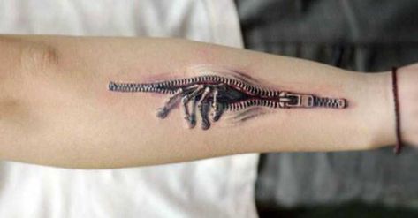 If you are the squeamish type or have a history of fainting easily, you have been warned. What you’re about to look at is a collection of some of the creepiest and all-around uncomfortable tattoos you're likely to ever see. However, if you’re looking for a new and innovative way to make old people... Zipper Tattoo, 3d Tattoo Ideas, Tato 3d, Illusion Tattoo, Best 3d Tattoos, Font Tato, Tatoo 3d, Amazing 3d Tattoos, 42 Tattoo