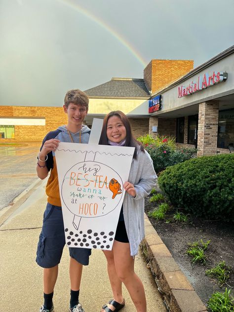 Cute And Simple Promposals, Friends Promposal Ideas, Matcha Homecoming Proposal, Cute Friend Prom Proposals, Just Friends Promposal, Frog Hoco Proposal, Bestie Hoco Proposals Funny, Boba Promposal, Girl Best Friend Promposal