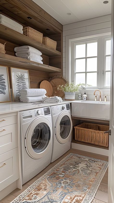 functional to fabulous with our curated collection of 44 elegant laundry room ideas that exude timeless style and sophistication. Dive into a world of chic design elements, luxurious finishes, and clever organizational solutions that will transform your laundry room into a space you'll love spending time in. Square Laundry Room Layout, Laundry Wallpaper, Wallpaper Laundry Room, Elegant Laundry Room, Wallpaper Laundry, Laundry Room Decor Ideas, Washing Room, Laundry Room Design Ideas, House Laundry Room