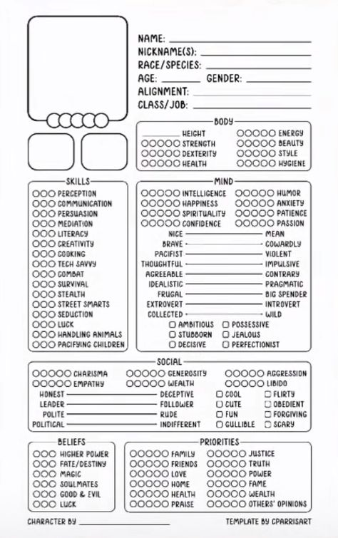 Personality Fill Out Sheet, Character Design Checklist, Template By Cparrisart, Character Mapping Template, Oc Paper Sheet, Original Character Sheet Template, Cparristart Template, Character Personality Template, Oc Info Sheet Template Detailed