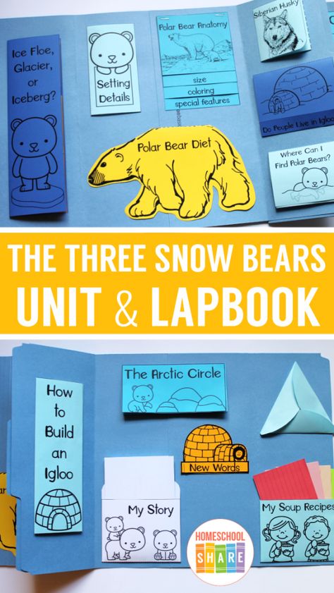 The Three Snow Bears Unit Study & Lapbook – Homeschool Share Polar Bear Unit, Snow Bears, Bear Habitat, Jan Brett, Snow Bear, Arctic Wolf, Shape Books, Interactive Stories, Arctic Circle