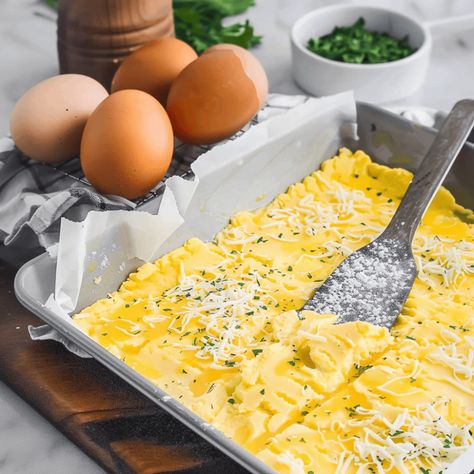 Fluffy Sheet Pan Eggs - Recipes, Tasks & Tools Baked Eggs Sheet Pan, Baked Scrambled Eggs Oven Sheet Pan, Fluffy Sheet Pan Eggs, Pan Eggs Sheet, Sheet Eggs In Oven, Sheet Pan Eggs With Cottage Cheese, Egg Sheet Pan Bake, Sheet Pan Eggs In The Oven, Sheet Pan Eggs For Breakfast Sandwiches