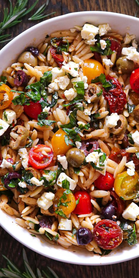 Greek Orzo with Tomatoes, Feta, Olives, Lime Juice, and Fresh Basil - in a white bowl. Julia’s Album Greek Orzo, Greek Orzo With Tomatoes Feta Olives, Julias Album, Orzo Recipes Side, Greek Orzo, Mediterranean Recipe, Bbq Salads, Summer Side Dish, Orzo Recipes