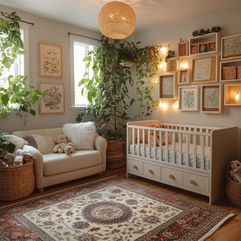 Classy Boho Nursery Decor Ideas Nature Girl Nursery, Cottage Core Baby Room, Plant Nursery Aesthetic, Nursery With Plants, Simple Gender Neutral Nursery, Nursery In Master Room, Relaxing Nursery, Earthy Nursery Ideas, Plant Themed Nursery