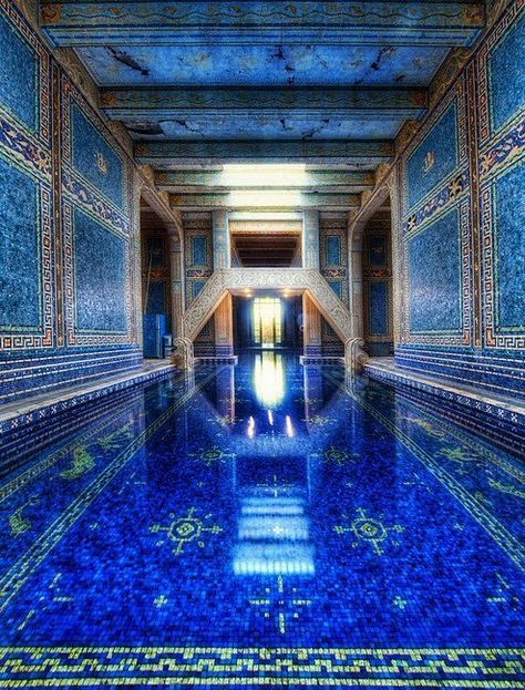 Turkish Bath...Can girls go here??? Guys always get all the good stuff !! Hearst Castle California, Roman Pool, Pool Indoor, Piscina Interior, Indoor Pools, Indoor Swimming Pool, Hearst Castle, San Simeon, Blue Pool