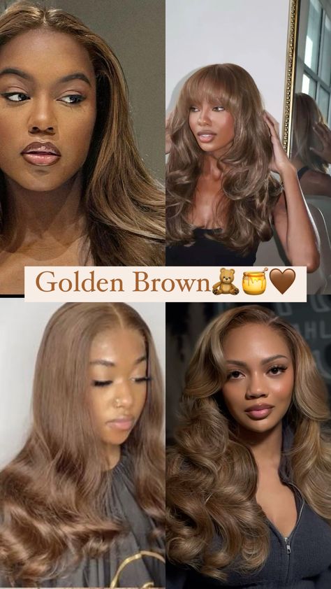 Jet Black Hair Dye Black Women, Coloured Hair For Black Women, Black Hair With Golden Brown Highlights, Dyed Hair For Morena Skin, Classy Hair Dye Ideas, Cinnamon Brown Sew In, Light Brown Hair Black Women Highlights, Ash Brown Hair Color Black Women, Ash Brown On Black Women