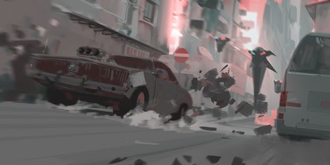 65/365 Chase by snatti89 on DeviantArt Atey Ghailan, Storyboard Drawing, Car Chase, Chasing Cars, Scene Drawing, Landscape Drawings, City Landscape, Animation Design, Visual Development