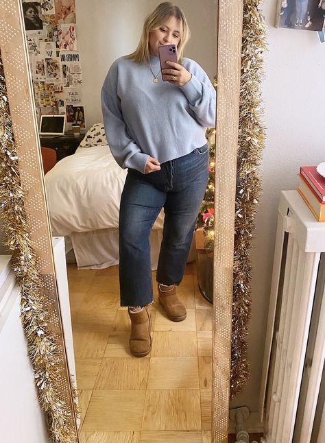 5 Cute Ways to Style Your Uggs This Winter | The Everygirl Outfit With Ugg Mini Boots, Mini Bailey Button Uggs Outfit, Ugg Mini Bailey Button Outfits, Bailey Button Uggs Outfit, Mini Uggs Outfit Jeans, Ankle Uggs Outfit, Classic Mini Uggs Outfit, Ugg Neumel Outfit, Short Ugg Boots Outfit