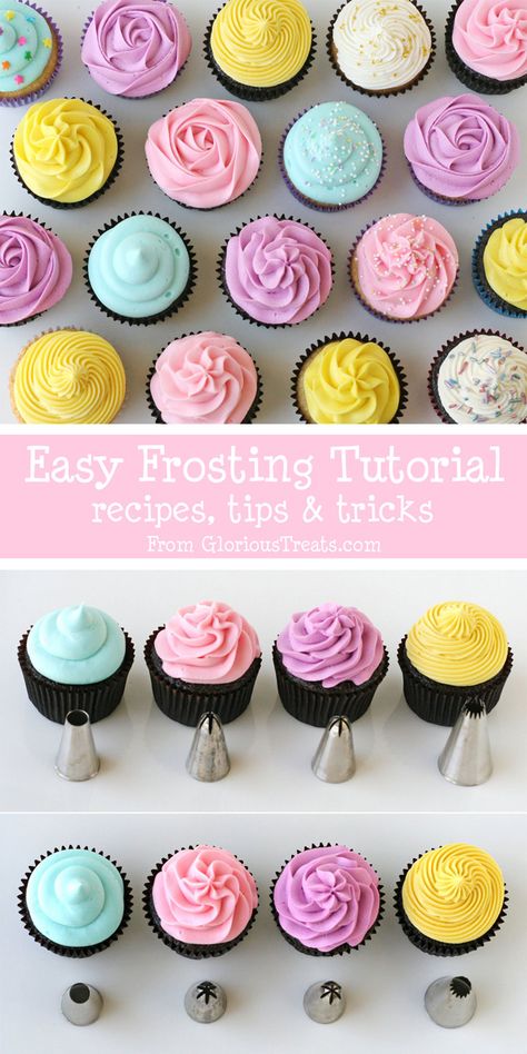 The BEST cupcake frosting tutorial!!  Great recipes and tips!  - GloriousTreats.com Cupcakes With Frosting, Frost Cupcakes, Easy Frosting, Cupcake Decorating Tips, Fruity Treats, Frosting Tips, Easy Cupcakes, Cupcake Frosting, Fun Cupcakes