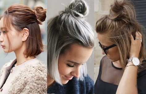 How to Make a Bun with Short Hair: 11 Super Easy Short Hairstyles Bun With Short Hair, Short Hair Top Knot, Easy Short Hairstyles, Bun Easy, Headbands For Short Hair, Short Hair Up, Short Hair Bun, Different Hair, Short Hairstyles For Thick Hair