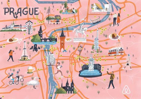 Airbnb Prague Map - Making Pictures Prague Illustration, Inter Railing, Tom Froese, Prague Map, Maps Illustration, Prague Travel Guide, Illustrated Maps, Travel Journal Scrapbook, Map Projects