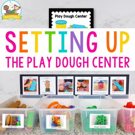 Preschool Ela Centers, Kindergarten Play Dough Activities, Play Doh Center Ideas, Play Doh Station Center Ideas, Play Dough Center Ideas, Playdoh Center Ideas, Play Doh Center, Center Storage Kindergarten, Playdough Center Preschool