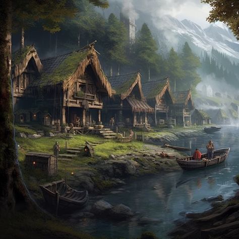 Medieval Backdrop, Viking Cabin, Viking Landscape, Dragon Stories, Viking City, Apocalypse Landscape, Viking House, Lakeside Village, Viking Village