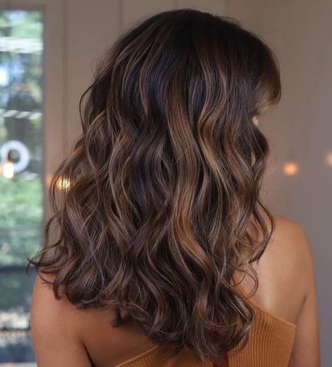 Carnal Balayage Brunettes, Bayalage Dark Hair, Rich Chocolate Hair Color, Dark Brown Hair With Caramel Highlights, Caramel Hair Highlights, Brown Hair Color Shades, Natural Brown Hair, Warm Brown Hair, Brown Wavy Hair