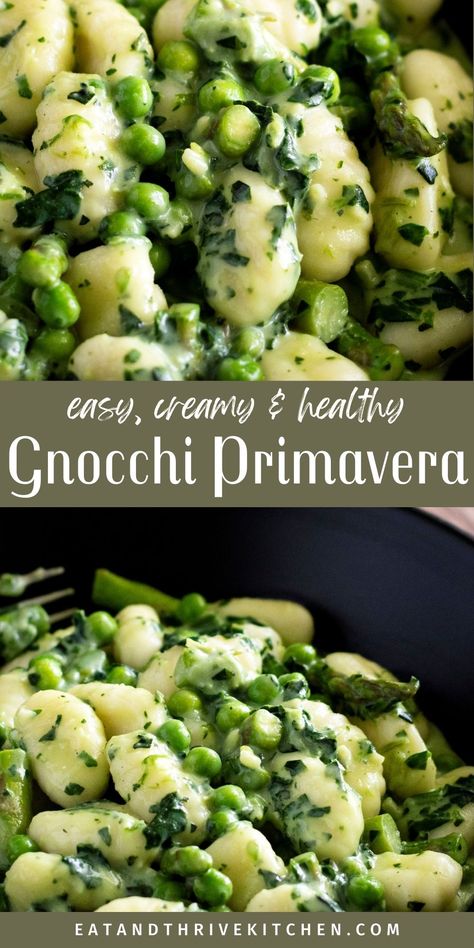 Looking for a healthy, vegetarian dinner recipe that is quick and easy to make?  Check out this simple, vegetarian Gnocchi Primavera recipe with vegetables and a creamy parmesan cheese sauce. This recipe is high protein, vegetarian and cheap! This vegetarian gnocchi with cheesy sauce is super easy and quick to make, and can be on the dinner table in less than an hour! Get the best easy, healthy and creamy Gnocchi Primavera recipe at eatandthrivekitchen.com Mediterranean Diet Gnocchi Recipes, Gnocchi Primavera, Veggie Gnocchi Recipes, Vegan Gnocchi Recipes, Healthy Gnocchi Recipes, Vegetarian Gnocchi Recipes, Summer Gnocchi, Healthy Gnocchi, Vegetarian Gnocchi