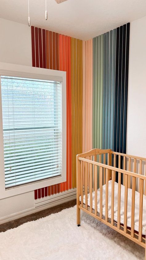 Nursery Design Colorful, Rainbow Slat Wall, Trim Accent Wall, Accent Wall Ideas, Room Accent Wall, Rainbow Paint, Baby Room Inspiration, Nursery Room Inspiration, Rainbow Nursery