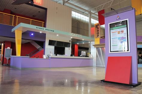 Ticket Counter created for the Science Spectrum Museum in Lubbock, Texas Museum Ticket Counter Design, Ticket Counter Design Modern, Ticket Counter Design, Painted Name Signs, Living Room Toy Storage, Custom Tickets, Ticket Booth, Museum Tickets, Ticket Design