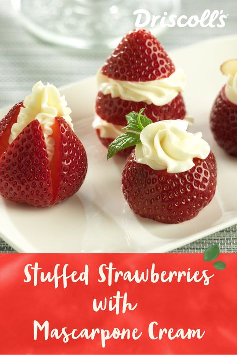 Cream Filled Strawberries, Marscapone Strawberries, Mascarpone Strawberries, Stuffed Strawberries With Cream Cheese, Stuffed Strawberries, Dessert Shooters Recipes, Mascarpone Creme, Strawberry Filling, Strawberry Cream Cheese