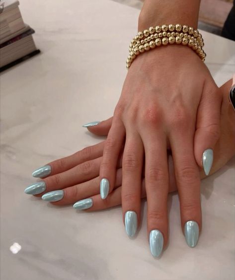 Colored Nails With Chrome, Tiffany Blue Chrome Nails, Turquoise Nails Chrome, Vacation Nails Chrome, Summer Crome Nails, Bright Blue Nail Designs, Nail Colors For Summer 2024, Simple Summer Nails 2024 Almond, Summer Nail Inspo 2024 Simple