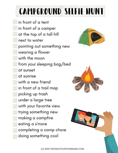 Camping Selfie   Emoji Photo Scavenger Hunt [Free Printable PDFs] Things To Do When Your Camping, Stuff To Do While Camping, Fun Camping Games For Families, Fun Camping Activities For Kids, Camp Counselor Ideas Activities, Teen Camping Activities, Camping For Kids Activities, Girl Scout Camping Ideas, Scout Activities Ideas