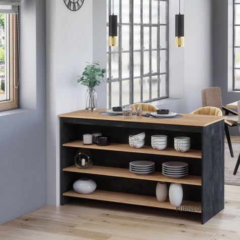 Black Concrete & Oak Effect Kitchen Island Free Standing Kitchen Units, Kitchen Display Cabinet, Kitchen Island Trolley, Freestanding Kitchen Island, Black Concrete, Wood Kitchen Island, Freestanding Kitchen, Kitchen Stand, Kitchen Pantry Cabinets