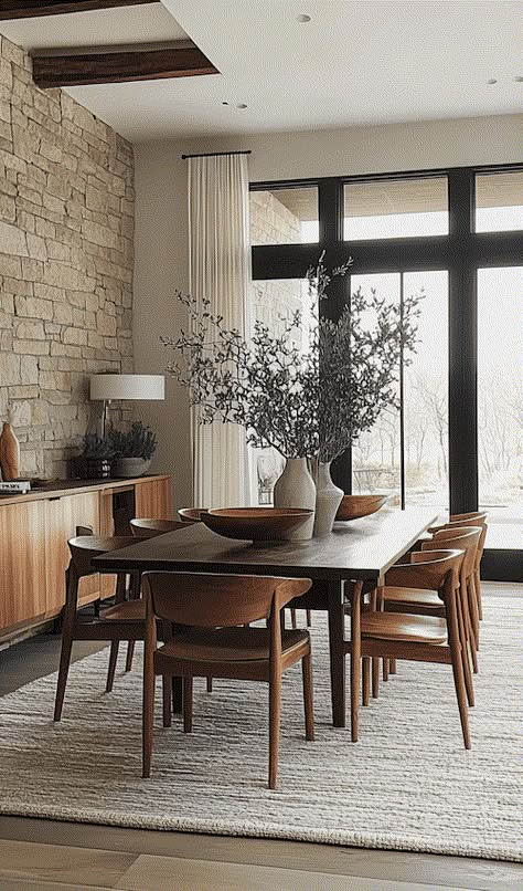 Kitchen Cabinets Open, Stone Accent Wall, Japandi Dining Room, Japandi Dining, Scandinavian Kitchens, Scandinavian Dining Room, Mid Century Modern Dining Room, Dark Wood Table, Modern Farmhouse Dining Room